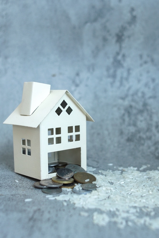 A,Mini,House,And,Coins,With,Grain,Of,Rice,On